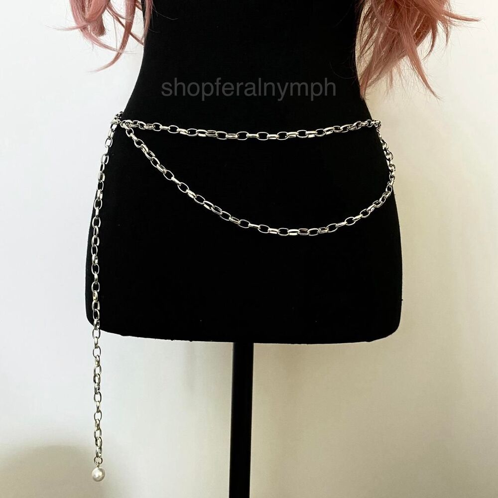 Silver Y2K Pearl Layered Draped Link Chain Belt, Fits 13.5-40.5 Inches, X7GA1283 - Picture 2 of 7